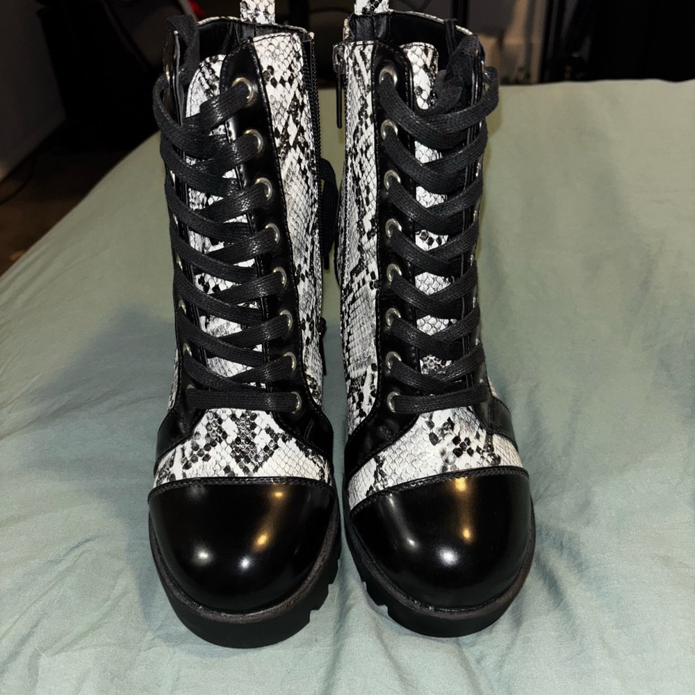 Windsor Black and White Combat Boots with Glossy Toe Cap